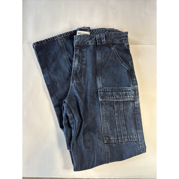 Zara Denim - Zara Women's Cargo High Rise Denim Jeans Size 12 Dark Wash Wide Leg Pockets Y2K